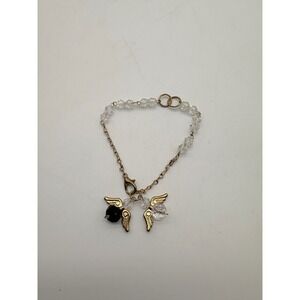 Gold Tone Angel Wing Crystal Beaded Charm Bracelet Black Clear Celestial‎
